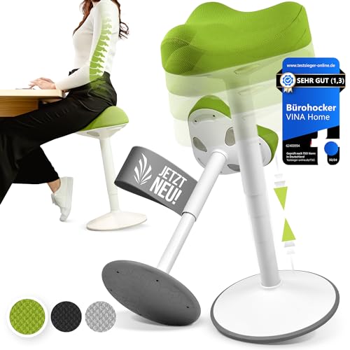 Vina Home® SH-01 Bürohocker | Sitzhocker ergonomisch für Arbeit & Freizeit | Ergonomischer Hocker höhenverstellbar | Schwingeffekt [rutschfest] | Stehhocker | Jetzt Farbe Wählen [Grün]