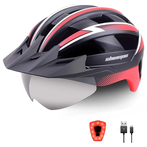 Shinmax Fahrradhelm für Herren Damen MTB Fahrradhelm mit LED USB Rücklicht Radhelm mit Visier Magnetischem Abnehmbarem Schutzbrille Mountainbike Helm Fahrradhelme Einstellbarer 57-62 cm