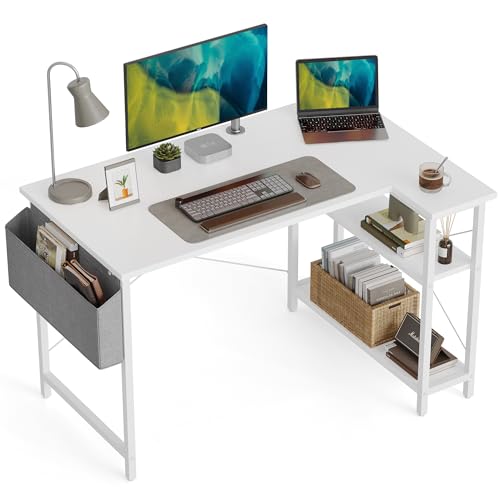 CubiCubi Computertisch mit Ablagefächern, 120cm Schreibtisch Kleiner L-förmiger Eckschreibtisch mit Regalen, Umkehrbarer Computertisch Schreibtisch mit Bücherregal, Weiß