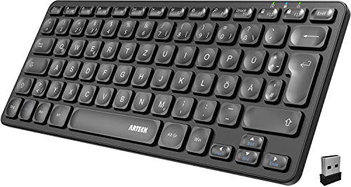 Arteck Kabellose Tastatur, Deutsches QWERTZ Layout wiederaufladbare USB Anschluss 2,4 GHz Kabellos Tastatur mit Multimedia-Tasten, Kompatibel mit PC, Computer, Notebook, Laptop, Windows 11, 10, 8