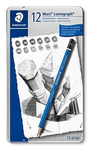 STAEDTLER Mars 100 G12 Zeichenbleistift Lumograph, Sechskantform, unglaublich bruchfeste Premium-Bleistifte, hohe Qualität, 12 Härtegrade, Metalletui