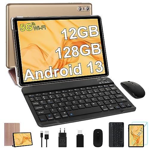 SEBBE Tablet 10 Zoll Android 13 PC 12GB RAM + 128GB ROM (1TB TF) Octa-Core 2.0 GHz, Google GMS | Bluetooth 5.0 | 5G WLAN | 6000mAh | 1280 * 800 | 5MP+8MP, mit Tastatur und Maus Gold