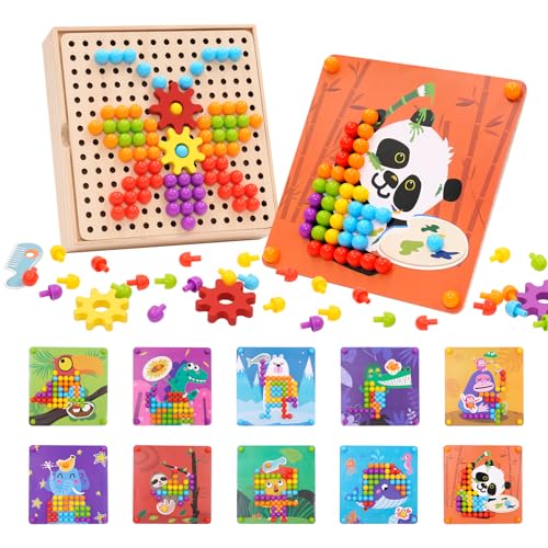 Mosaik Steckspiel für Kinder für 3+ Jahre -Mosaik Pegboardmit 180 Steckperlen, 5 Gängen und 20 Mustern. Pädagogische Pilz Nägel Puzzle Spielzeug für Jungen Mädchen Kinder