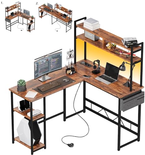 Flamaker Eckschreibtisch 160cm Reversibel Computertisch mit Bücherregale Schreibtisch L Form mit LED & Powe für Arbeitszimmer und Homeoffice, Vintage Braun