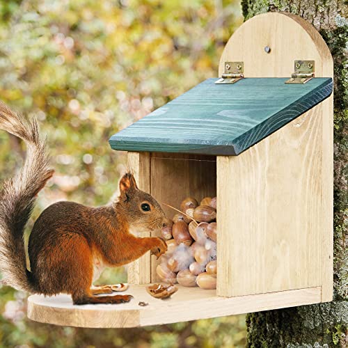 zooprinz wetterfestes Eichhörnchen Futterhaus mit großer Sitzplattform - aus langlebigen Massiv-Holz I große & stabile Futterstation I Langlebiges Eichhörnchenfutterhaus, ganzjährig