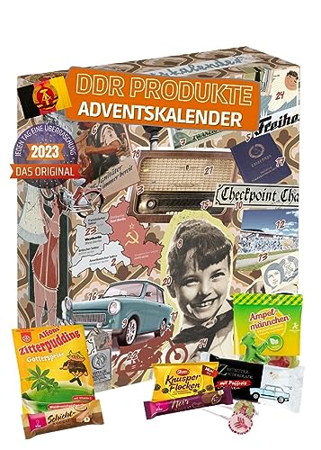 [ Boxiland ] DDR Adventskalender mit 24 Ostdeutschen Produkten I Geschenkset Ostprodukte I Adventskalender 2023 mit Süßigkeiten aus der DDR
