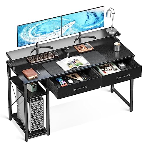 ODK Schreibtisch mit Regalen, Computertisch mit 2 Schubladen und Monitorständer, Bürotisch mit Bücherregal, Computertisch Klein PC-Tisch Officetisch für Home Office, 120x50x87cm, Schwarz