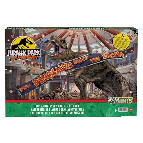 JURASSIC WORLD 30. Jubiläum Adventskalender - 24 Türchen mit Mini-Dinosauriern, Menschenfiguren und Teilen für einen aufregenden Spielbereich, für Kinder ab 4 Jahren, HTK45