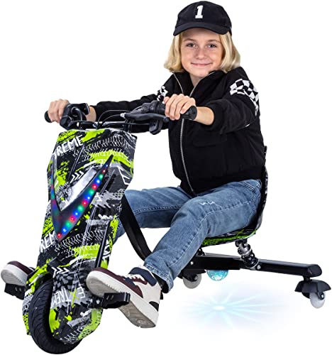 Actionbikes Motors Kinder Elektro Driftscooter 360 Grad - 250 Watt Elektromotor - 3 Geschwindigkeitsstufen - LED-Beleuchtung - Sitz verstellbar - Bluetooth - Drifter - Drift Trike (Grün Polo)