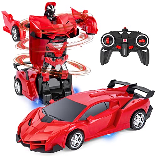 Highttoy Ferngesteuertes Roboter Auto,Transformator Spielzeug für 3-12 Jahre Jungen Mädchen Geschenke 2.4GHz Verformung Roboter RC Auto 360° Drehung 1:18 Elektro RC Rennwagen für Kinder Rot