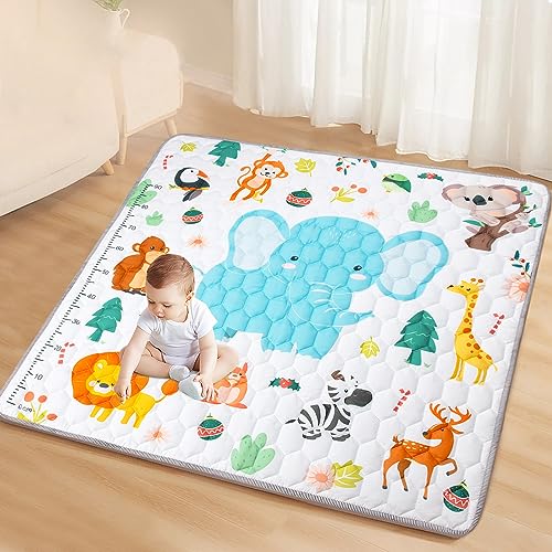 Funsland Krabbelteppich für Baby, Rutschfeste Baby Spielmatte Schadstofffrei 127x127cm, Baumwolle Tier Krabbelmatte Baby Faltbar mit Einem Höhenlineal, Kinder Spielmatte für Innen/Außen/Zaun