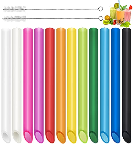 12 Stück Strohhalme Wiederverwendbare Bubble Tea mit 2 Reinigungsbürsten, Farbige Spitzes Dicke Trinkhalme Plastik, Geeignet für alle Arten von Smoothie Milchshakes (13mm×25.5cm)