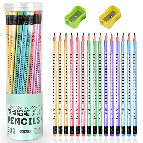 Evoarl 30 Stück HB Bleistifte Set, Dreikant Bleistifte Kinder mit Radiergummi, 5 Farben Bleistift für Prüfungen, Schule, Büro, Zeichnen und Skizzieren (Bleistifte+Bleistiftspitzer)