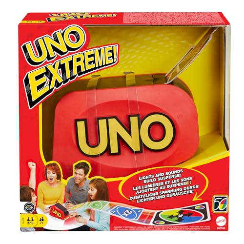 Mattel Games UNO Extreme!, Uno Kartenspiel für die Familie, mit Kartenwerfer, Perfekt als Kinderspiel, Reisespiel oder Spiel für Erwachsene, für 2-10 Spieler, ab 7 Jahren, GXY75