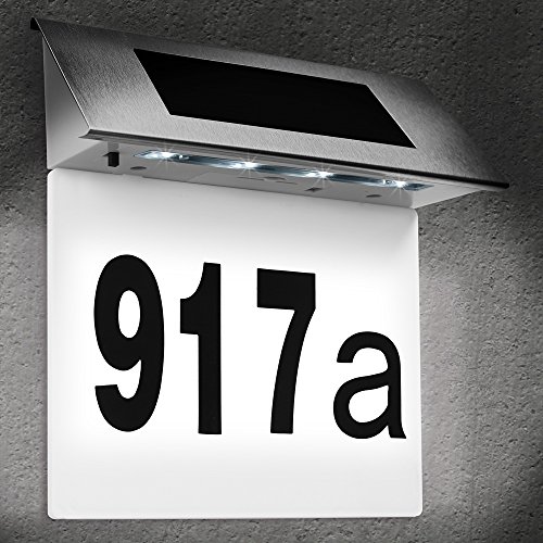 DEUBA® Hausnummer Beleuchtet Solar Edelstahl LED Dämmerungssensor Wetterfest Außen Zahlen Buchstaben Beleuchtung