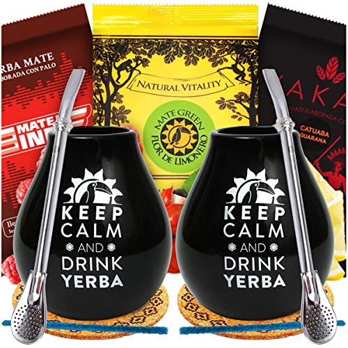 Yerba Mate-Tee Mate Green Set für zwei Personen 150g | Mate Tee mit Guarana und Frucht | Yerba Mate-Tee loose leaf | Keramik Mate Becher Schwarz 350ml | Stahl Trinkhalm Bombilla Liza 19cm