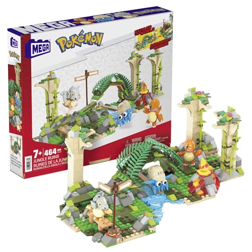Mega Pokémon Figuren Bauset Dschungel Ruinen, 464 Teile, mit Glumanda, Tragasso und Amonitas-Figuren, Pokémon Spielzeug, Spielzeug ab 7 Jahren, HDL86