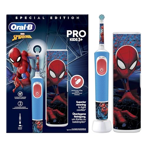 Oral-B Pro Kids Spiderman Elektrische Zahnbürste/Electric Toothbrush, Kinder ab 3 Jahren, inkl. Sensitiv+ Modus für Zahnpflege, extra weiche Borsten, 1 Aufsteckbürste, 1 Reiseetui, 4 Sticker, blau/rot