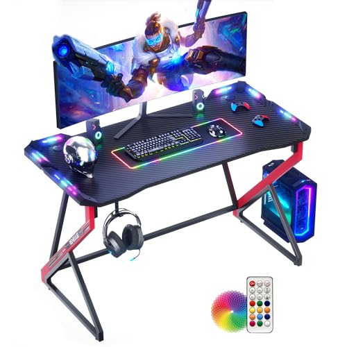 BEXEVUE Gaming Schreibtisch LED – 100x60 cm PC Gamer Tisch Ergonomischer, Z Rahmen mit Kohlefaseroberfläche Stabil, Einfach zu Montieren, Kopfhörerhaken für Studium Arbeit Zuhause Schlafzimmer