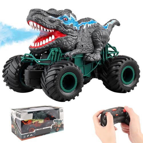 FENGQ Ferngesteuertes Auto Dinosaurier, Monster Dinosaurier Truck Spielzeug Dino Ferngesteuert, Auto Ferngesteuert Kinder RC Auto mit Sprühnebel und LED-Leuchten für Jungen Mädchen 3 4 5 6 Jahre