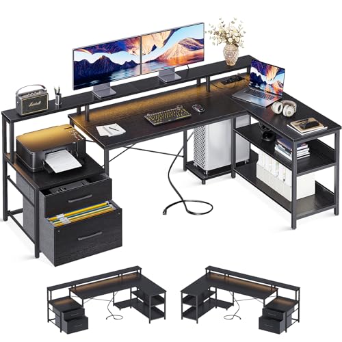 ODK Schreibtisch L Form mit 2 Steckdosen und 2 USB Ladeanschluss, Reversibel Gaming Schreibtisch mit LED, Eckschreibtisch Schwarz mit Aktenschublade und Lagerregale, 172.5×100 cm
