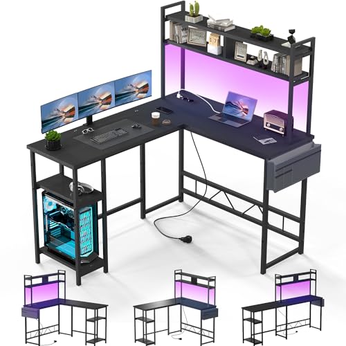Devoko Gaming Tisch mit LED, Eckschreibtisch gaming Schreibtisch mit 2 Steckdosen und 2 USB-Anschlüssen, Computertisch mit Aufbewahrung, Rahmen aus Stahl, 140 x 120 cm,Schwarz
