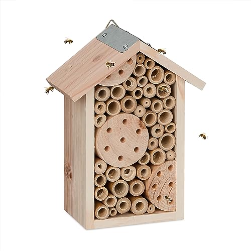 Relaxdays Bienenhotel, Holz, Insektenhotel Wildbienen, Garten & Balkon, zum Aufhängen, HxBxT: 21 x 15,5 x 9 cm, Natur