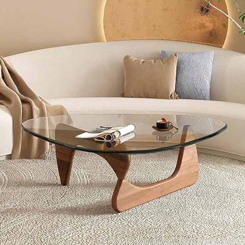 Dreieckiger Couchtisch, moderner Couchtisch (Holzgestell + dreieckige Glasplatte), für Wohnzimmer, Terrasse, Arbeitszimmer, Lounge, Büro,Walnut + Clear,Medium