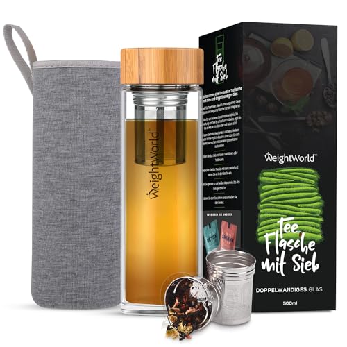 Teeflasche mit Sieb to Go - Trinkflasche 500ml aus Borosilikatglas - BPA-frei & Bleifrei - Thermo Glasflasche mit Teesieb aus Edelstahl, Bambusdeckel & Hülle - Geschenkset - Tea Infuser - WeightWorld