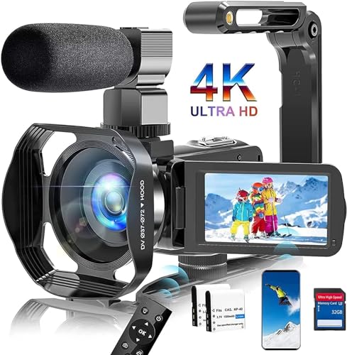 Videokamera 4K 60FPS WiFi Camcorder, HD 48MP Webcam IR Nachtsicht Vlogging Kamera für YouTube, 18X Digitalzoom 3.0 Touchscreen Video Camera mit SD-Karte, 2 Batterien, Fernbedienung, und Stabilisator