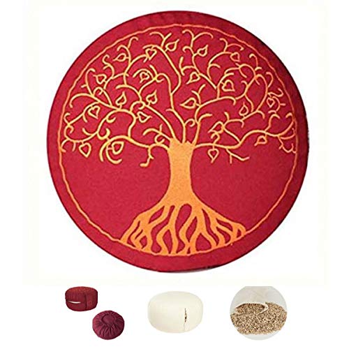 maylow - Yoga mit Herz ® Yogakissen Meditationskissen mit Stickerei ' Baum des Lebens ' Bezug und Inlett 100% Baumwolle mit Dinkelspelz gefüllt (buddhistisch rot mit Kordelzug)