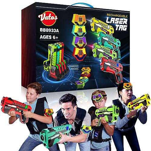 VATOS Wiederaufladbares Laser Tag Set –4 Pack Lasertag mit Empfängern für Kinder Erwachsene, 2.4GHz Daten-Sync-Anzeige Spiel, Infrarot Spielzeug Alter 6-12+ Jungen Mädchen