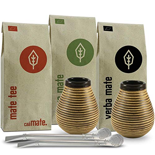 Mate Tee Set für Zwei Bio ● 2 Matebecher + 2 Bombillas + 300g Matetee + Zubereitungsanleitung