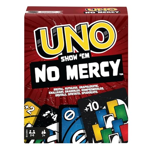 Mattel Games UNO Show 'em No Mercy - 56 zusätzliche Karten, harte Aktionskarten und brutale Spielregeln für die gnadenloseste Version, Stapelregel und Handkartentausch, ab 7 Jahren, HWV18