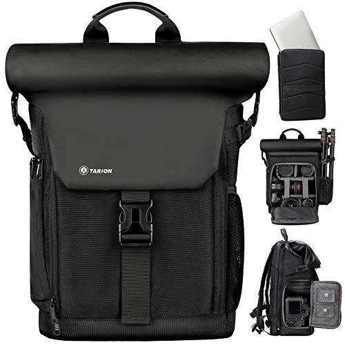 TARION Kamerarucksack Rolltop Wasserdicht Fotorucksack Kameratasche DSLR Rucksack mit 15,6 Zoll Laptophülle und Regenschutzhülle(SP-01-Schwarz)