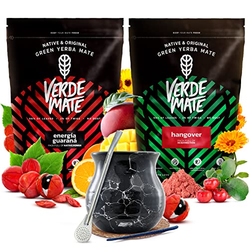 Set anregender Mate Tee mit Zubehör | Zweierpack Mate Tee | Verde Mate Green | Guarana, Goji-Beeren, Acerola | Grüner Mate Tee aus Brasilien | Mild | Natürliches Koffein | 2x500g | 1kg