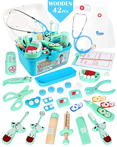 Vanplay Arztkoffer Kinder Holz Doktor Spielzeug mit Stethoskop Kinder Blau Rollenspiel Geschenk ab 3 4 5 6 Jahren Jungen Mädchen Kinder(42Stk)