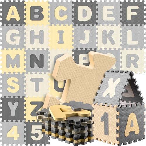 Spielwerk® 86-teilige Puzzlematte Baby Kinder 3,3m² Spielmatte Bodenschutzmatte Krabbelmatte Buchstaben Zahlen ABC Lernteppich XXL Schaumstoff Grau