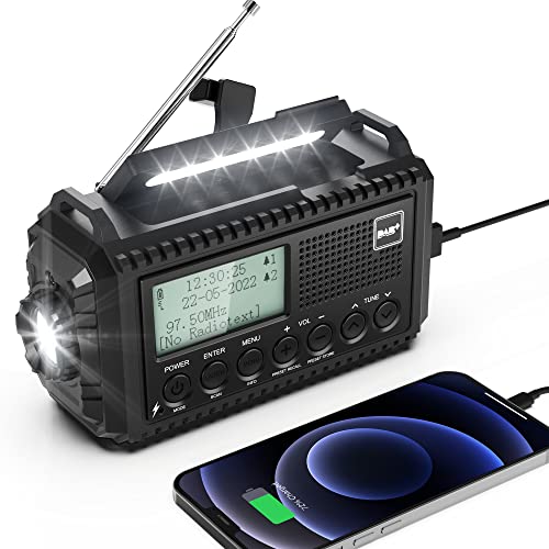 Kurbelradio DAB/UKW, Tragbare Solar Radio mit LED Taschenlampe & Leselicht, DAB+/FM Dynamo Radio IPX4, 5000mAh Wiederaufladbare Notfall Radio und SOS-Alarm Geeignet für Wandern, Camping, Outdoor