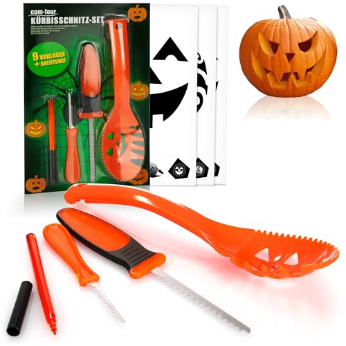 com-four® 13-teiliges Kürbis Schnitz-Set für Halloween - Schneide-Werkzeuge zum Aushöhlen von Kürbissen - Messer, Löffel, Stift und Schablonen (orange ohne LED)