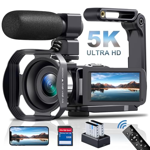 Videokamera 5K Camcorder 64MP 60FPS WiFi 18X Digitalzoom Vlogging Kamera für YouTube, 3.0' IPS Touchscreen IR Nachtsicht Videokamera mit Handstabilisator, 32GB SD-Karte, Fernbedienung, Batterien