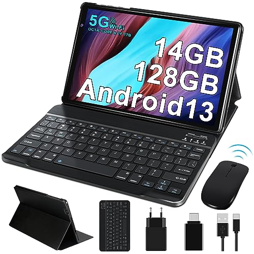 FACETEL Tablet 10 Zoll Android 13 Tablet mit 5G WiFi Octa-Core 2.0GHz Prozessor Ultraschnelles Tablet PC mit 14GB RAM + 128GB ROM TF 1TB | 8000mAh | FHD | 5MP+8MP, Tablet mit Tastatur Maus - Grau