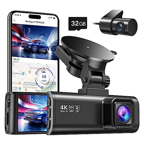 REDTIGER Dashcam Auto Vorne Hinten 4K/2,5K mit GPS WiFi, Dash Cam Auto Kamera mit 3,18' IPS-Bildschirm, kostenlose 32-GB-Karte, Nachtsicht, Loop-Aufnahme, 170 ° Weitwinkel WDR, Unterstützt 256 GB Max