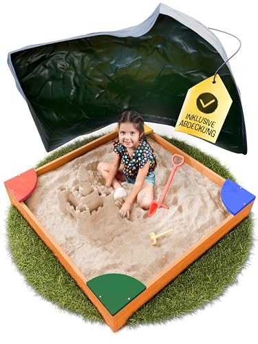 FRIEDO – Sandkasten mit Abdeckung 90x90 cm - Sandbox inkl. Bodenvlies zum Schutz vor Unkraut und Ungeziefer - Buddelkasten mit farbigen Ecken für den Garten - Sandkiste aus Holz