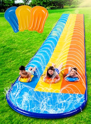 Sloosh 548 cm Rutschrutsche mit DREI Bahnen und 3 Boogie-Brettern, Garten-Rasen-Wasserrutschen mit Sprinkler für Kinder und Erwachsene im Freien
