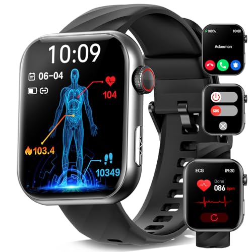 YYKY 2024 EKG Smartwatch mit SOS-Anruffunktion/Telefonfunktion,1,96 Zoll Smartwatch Damen Herren mit Herzfrequenz/Schlaf/Blutdruck/150+ Sportmodi Schlafmonitor für Android/iOS (Schwarz)