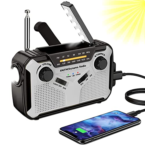 Solar Radio, AM/FM Tragbar Kurbelradio Dynamo Notfallradio mit 4000mAh Wiederaufladbare Batterie, Led Taschenlampe, SOS-Alarm für Camping, Ourdoor, Notfall (Grey)