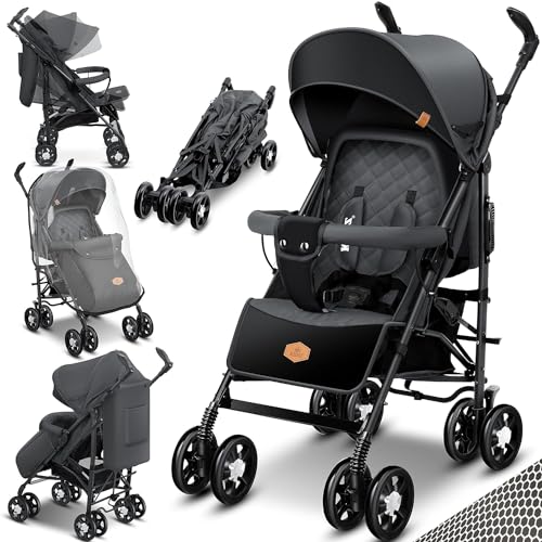 KIDIZ® Kinderwagen City-Pro Buggy Kinderbuggy klappbar Liegebuggy Sportwagen Faltbar 360° 6-Zoll-Rädern Inkl. Moskitonetz, Fußsack und Regenverdeck zusammenklappbar Schlaffunktion Anthrazit