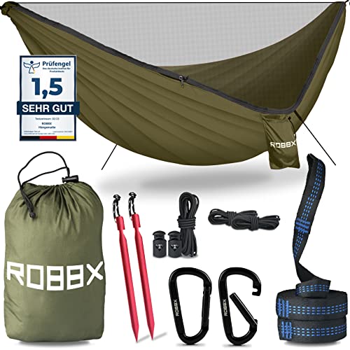 ROBBX® Hängematte Outdoor mit Moskitonetz für 2 Personen | 300kg Traglast | Doppelhängematte mit Befestigungs-Set | Nylon Camping Reisehängematte | 290x140cm, Oliv