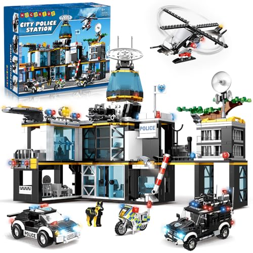 HOGOKIDS City Polizeistation Bausteine Spielzeug mit Hubschrauber Motorrad und Polizeiauto - 1261 Teilige Polizei Bauspielzeugset, STEM Geschenk für Kinder Jungen Mädchen Alter 8 9 10 11 12+